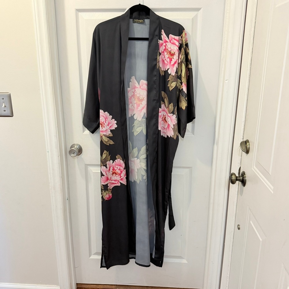 OldShanghai Kim+Ono Luxury Womens OS Long Kimono Robe Black Floral Satin Tie